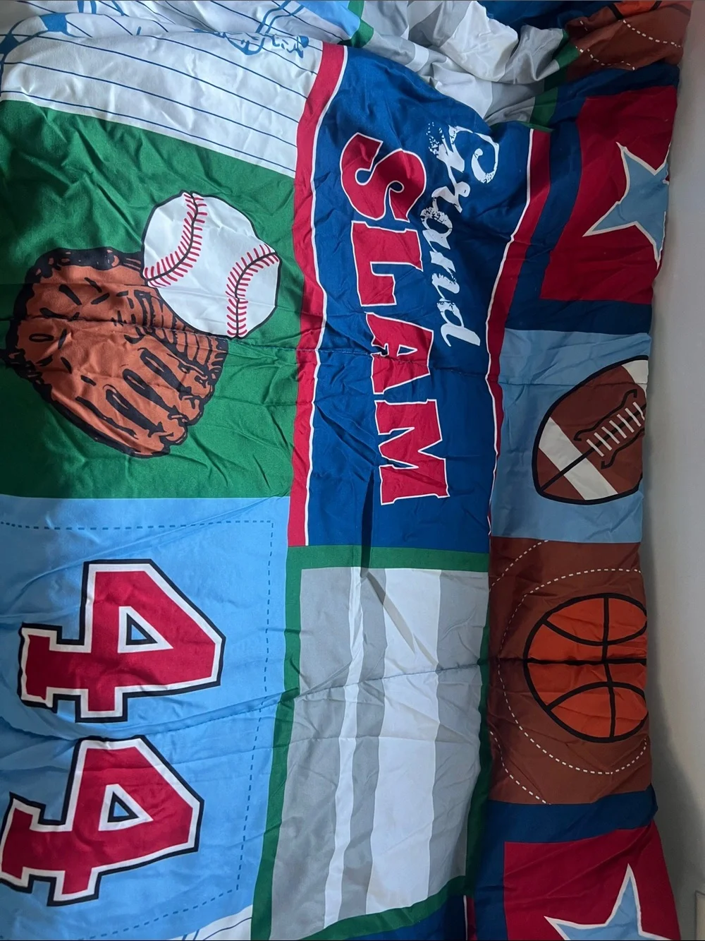 Youth Sports Patchwork Comforter - Blue, Red, Green